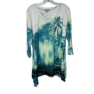 One World Womens XL Tropical Palm Tree Rhinestone Sharkbite Tunic Top Teal Green